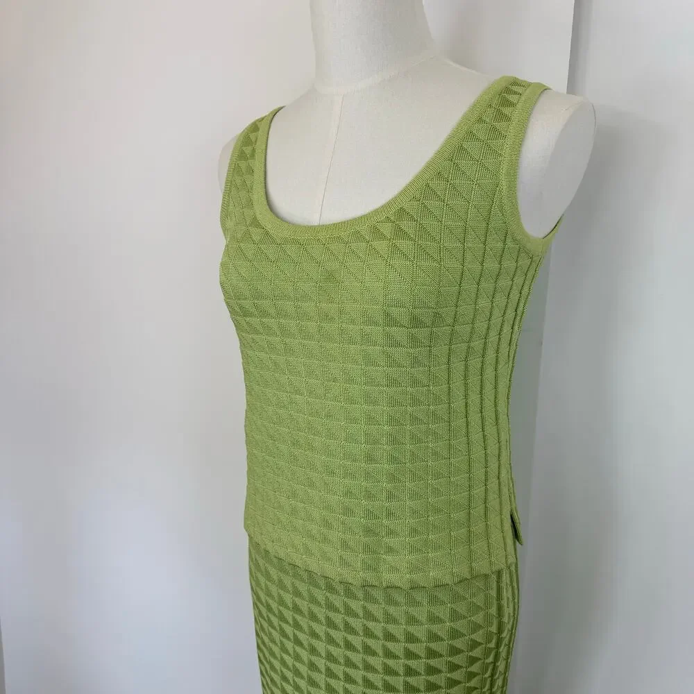 St. John Matching SET Santana Knit Sleeveless Top and Skirt Lime Green S/2